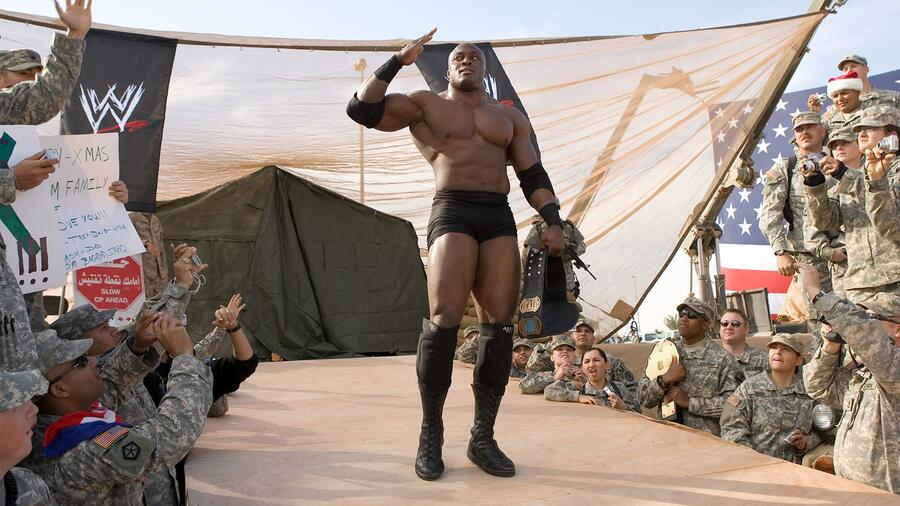 Bobby Lashley saluting service members during a WWE Tribute to the Troops event in Iraq, December 2006